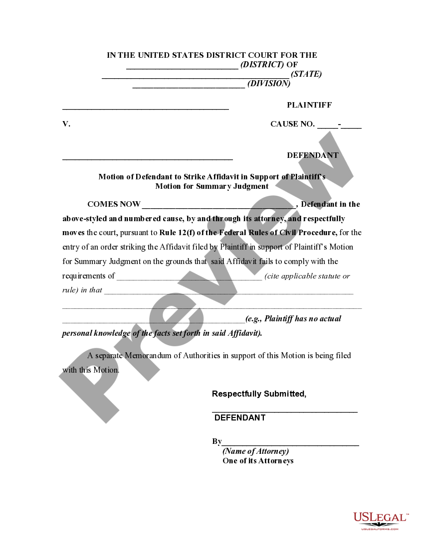 Motion of Defendant to Strike Affidavit in Support of Plaintiffs Motion