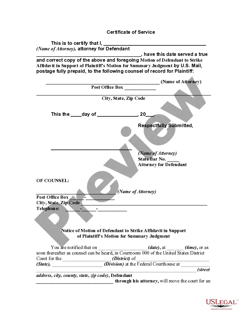 Get Motion of Defendant to Strike Affidavit in Support of Plaintiffs Motion for Summary Judgment and Notice of Motion to Strike Preview Motion of Defendant to Strike Affidavit in Support of Plaintiffs Motion for Summary Judgment and Notice of Motion to Strike