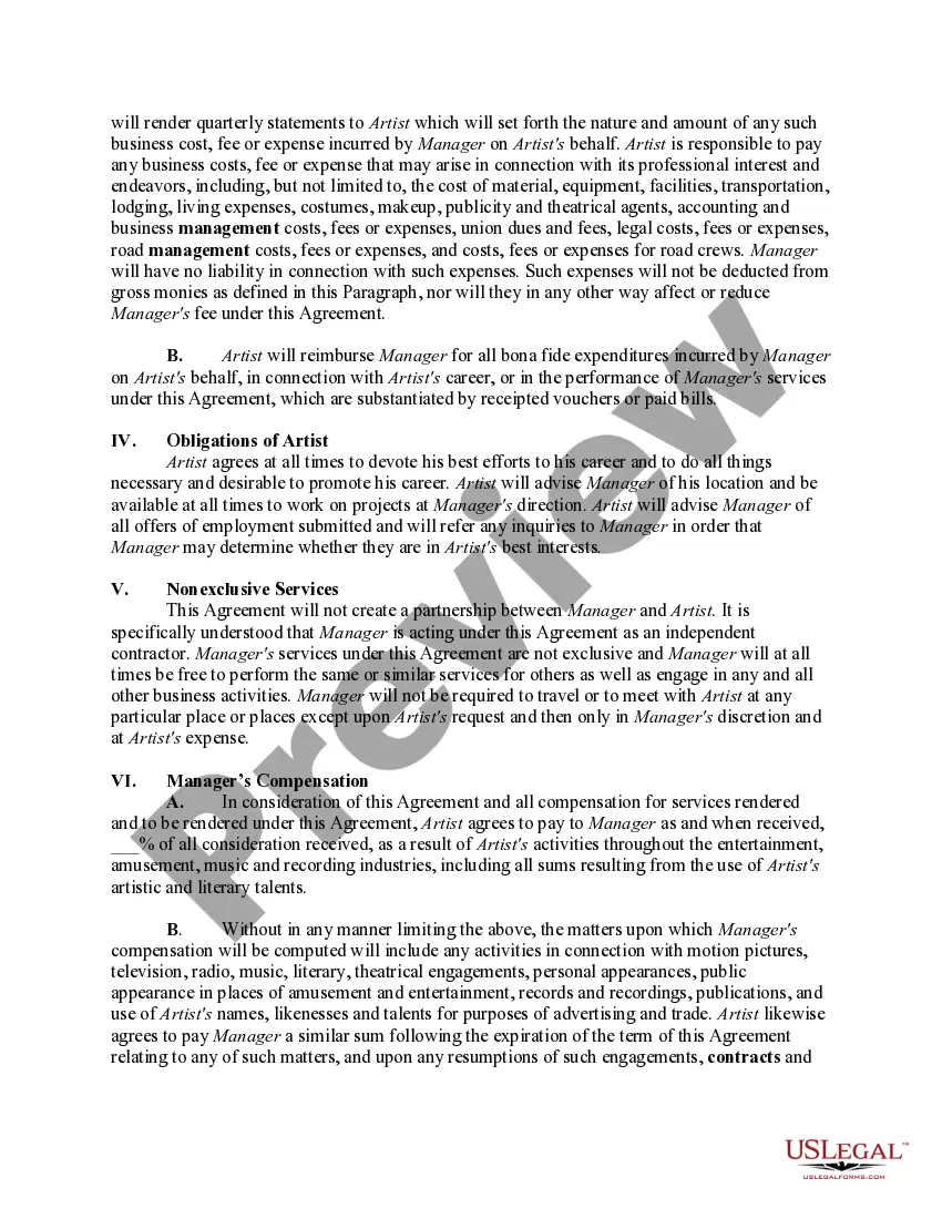 Get Employment Agreement Between Musician and Personal Manager Preview Employment Agreement Between Musician and Personal Manager