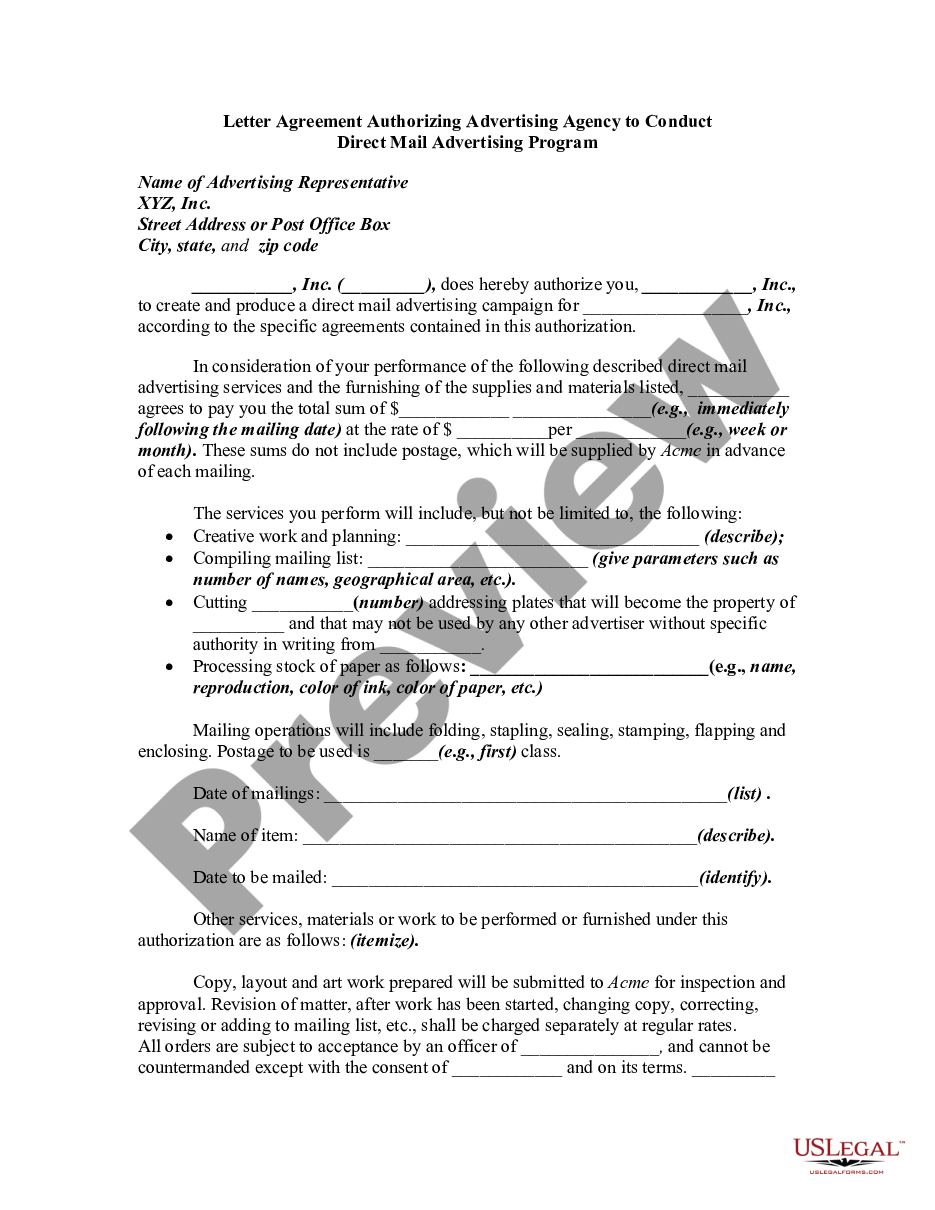 page 0 Letter Agreement Authorizing Advertising Agency to Conduct Direct Mail Advertising Program preview