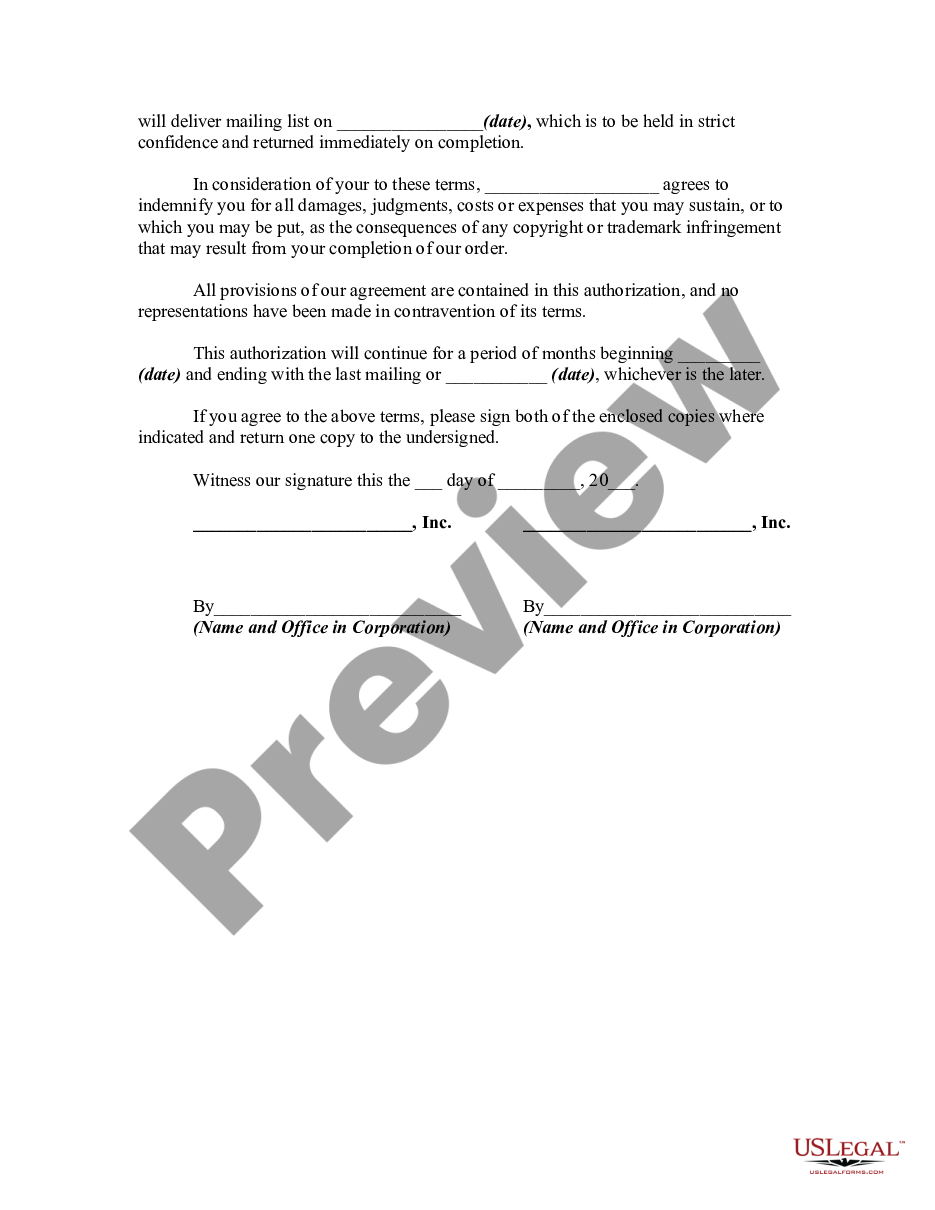 page 1 Letter Agreement Authorizing Advertising Agency to Conduct Direct Mail Advertising Program preview