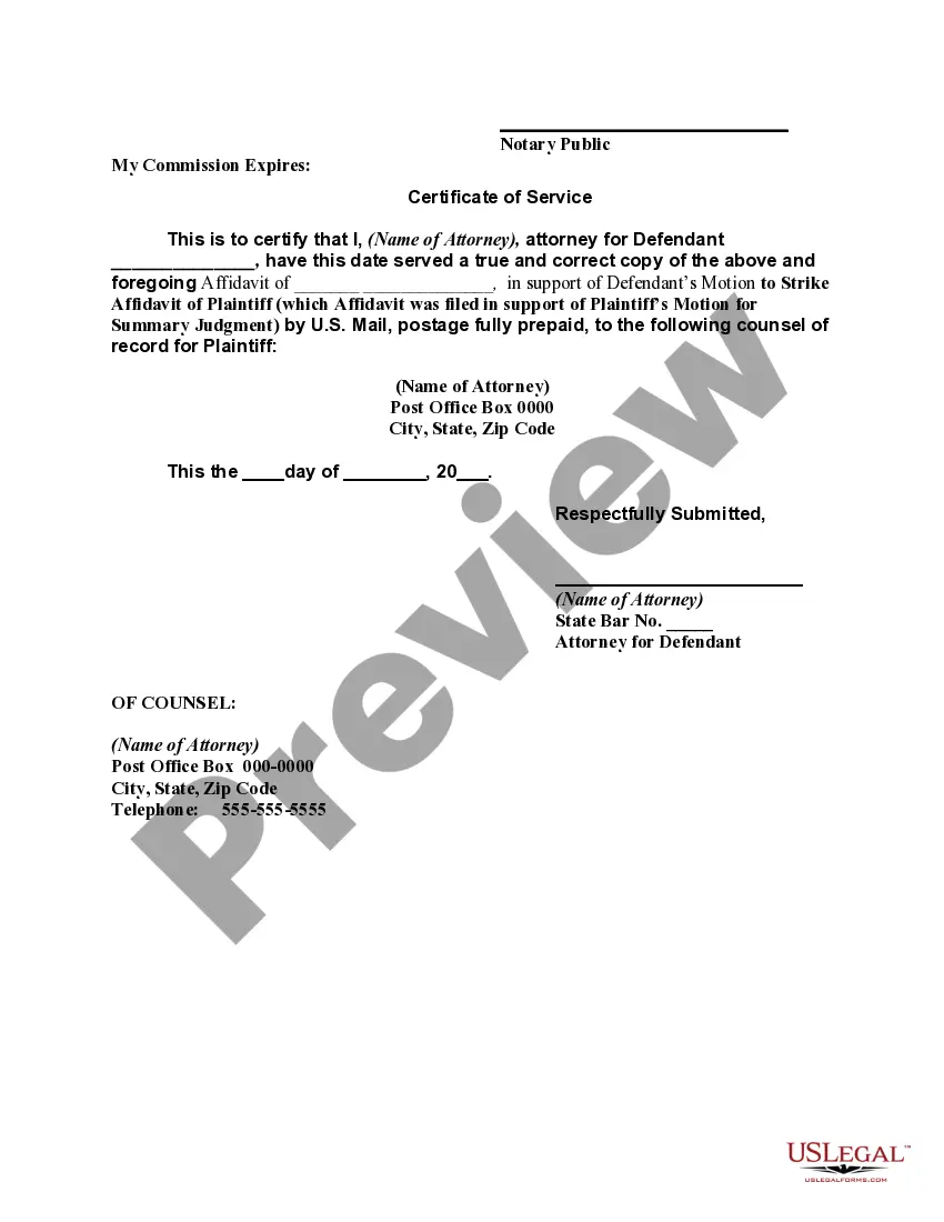Get Affidavit of Defendant Supporting Defendant's Motion to Strike Affidavit Filed in Support of Plaintiff's Motion for Summary Judgment Preview Affidavit of Defendant Supporting Defendant's Motion to Strike Affidavit Filed in Support of Plaintiff's Motion for Summary Judgment