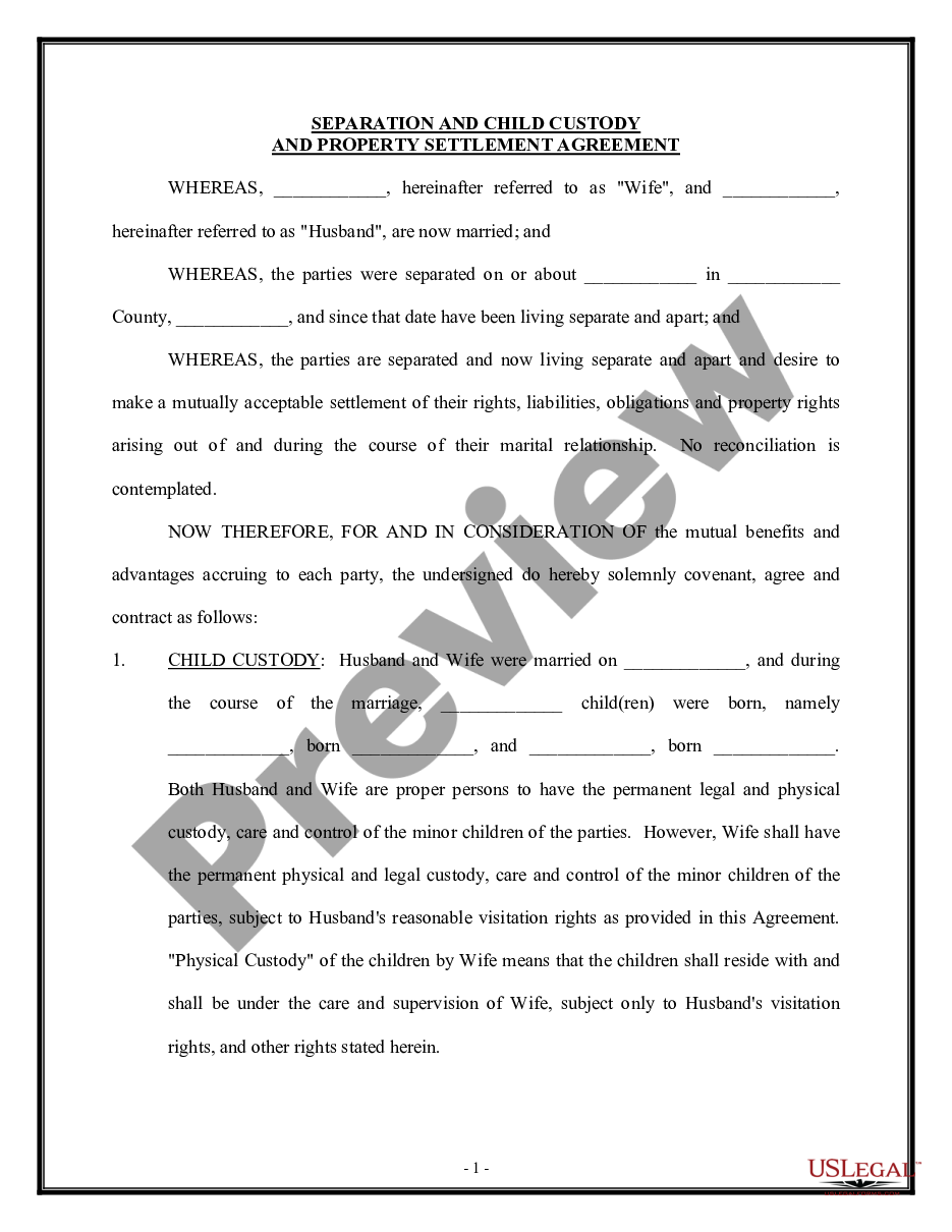 page 0 Separation and Child Custody and Property Settlement Agreement preview
