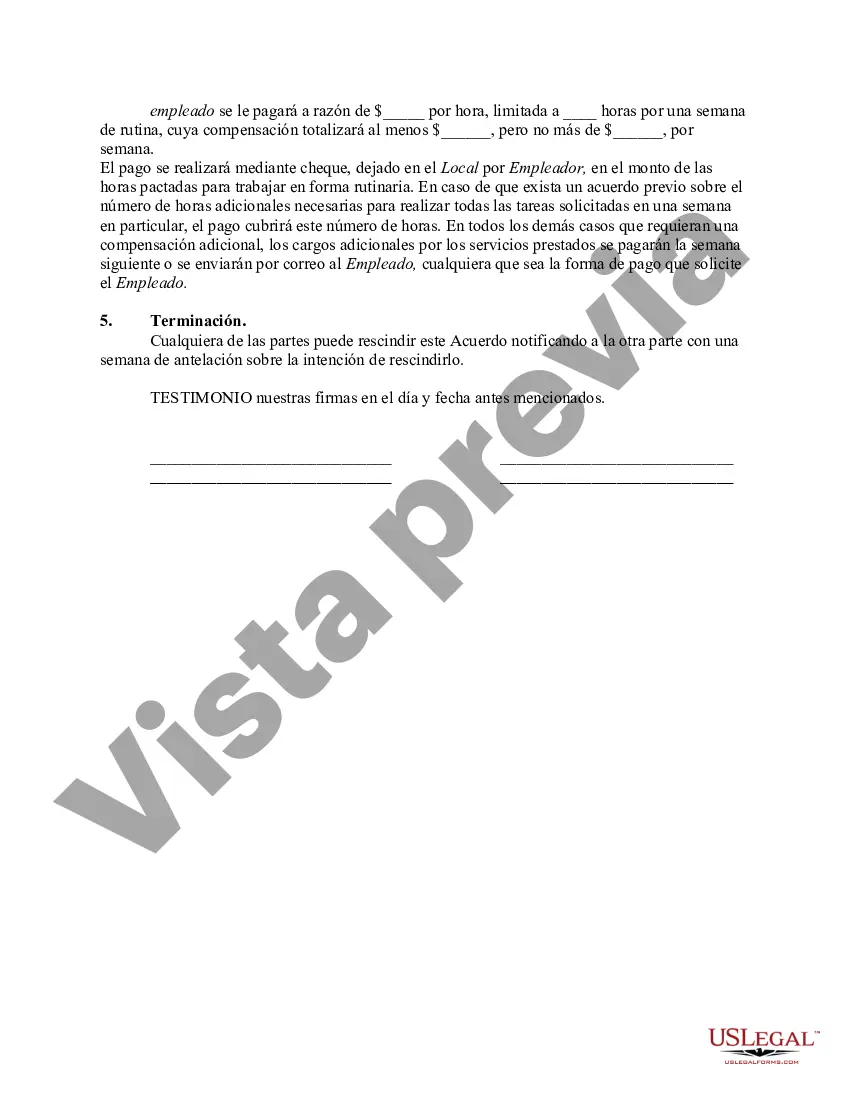 Preview Contrato o Acuerdo de Trabajo con Trabajador de Servicio Doméstico a Tiempo Parcial