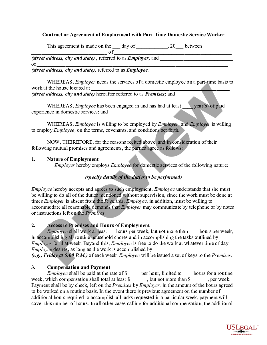 page 0 Contract or Agreement of Employment with Part-Time Domestic Service Worker preview