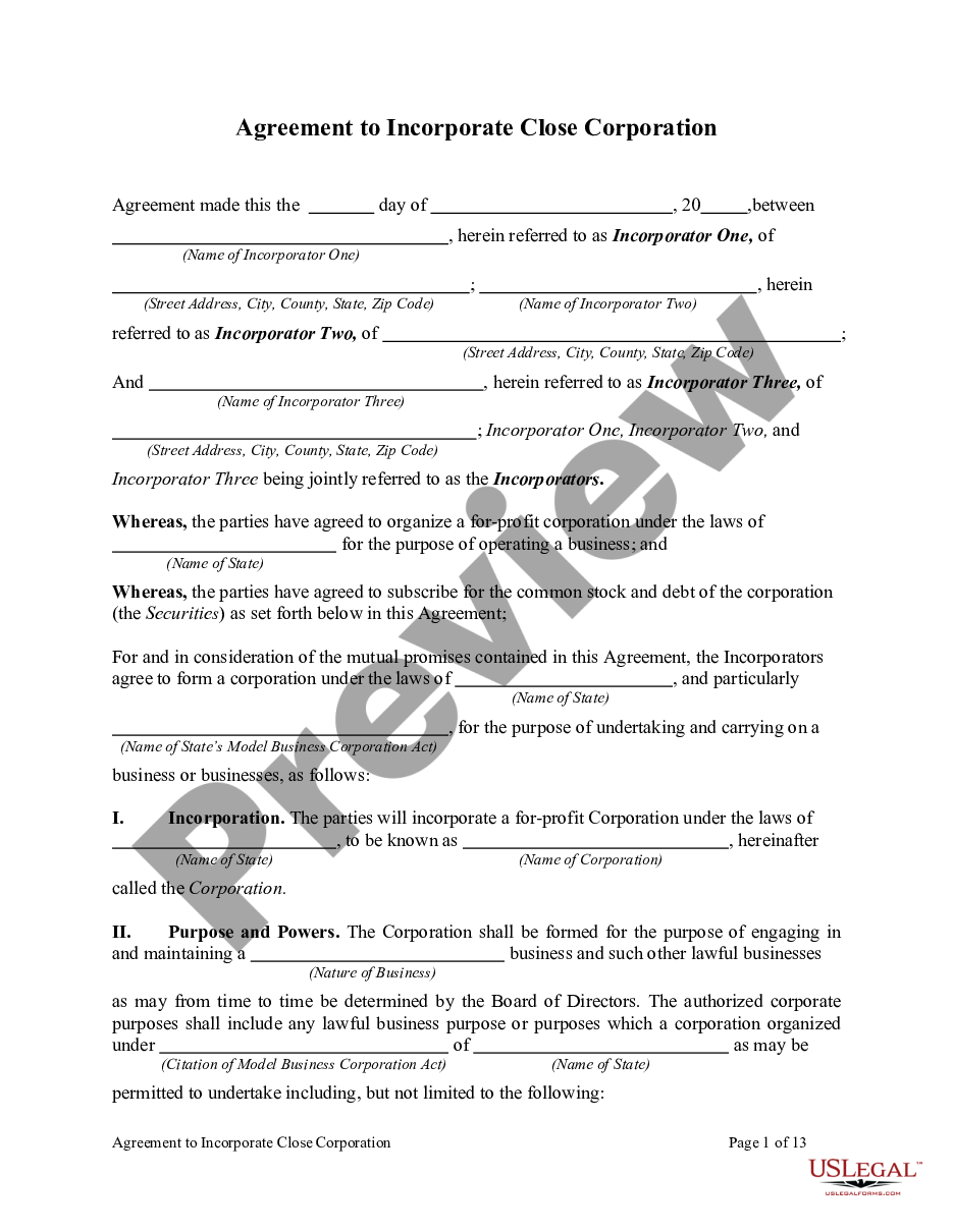 page 0 Agreement to Incorporate Close Corporation preview