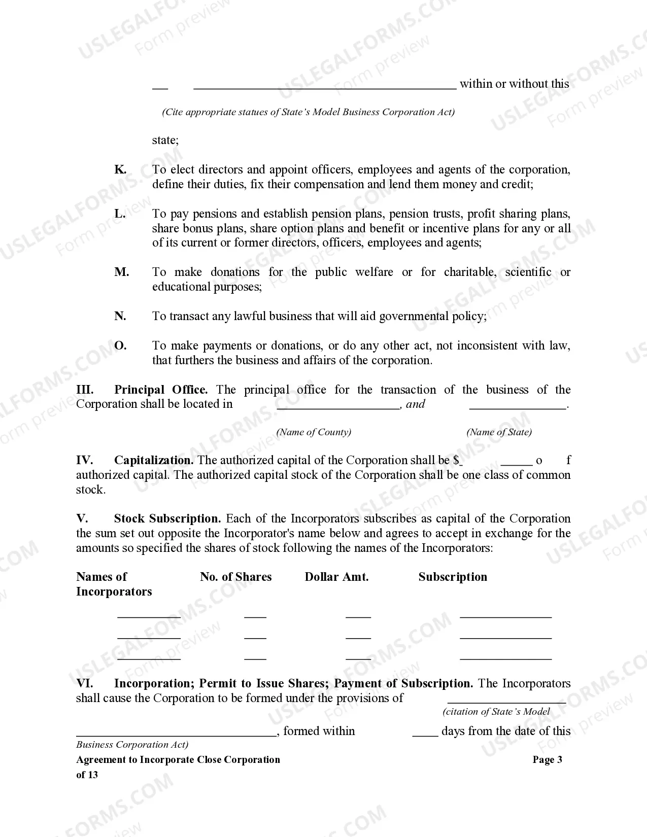 Preview Agreement to Incorporate Close Corporation