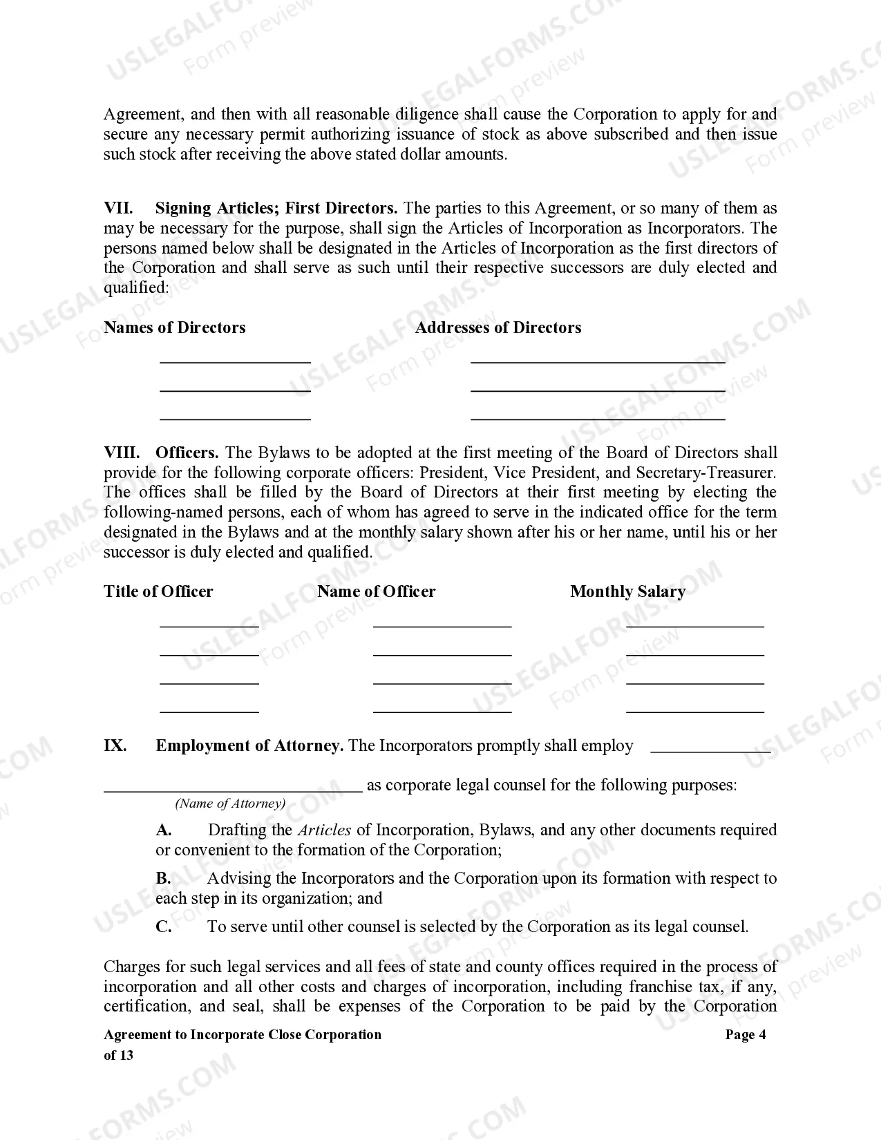 Preview Agreement to Incorporate Close Corporation