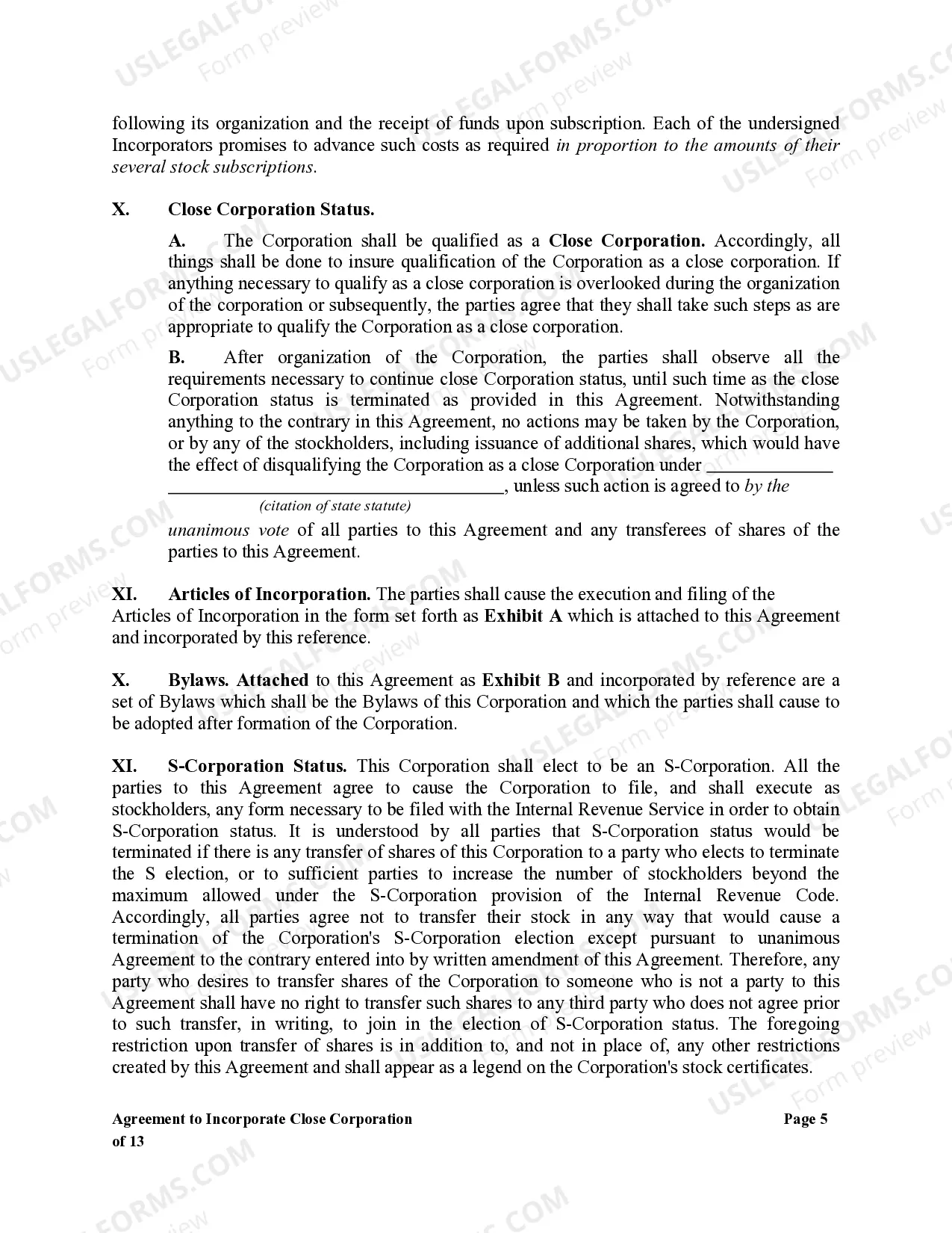 Preview Agreement to Incorporate Close Corporation
