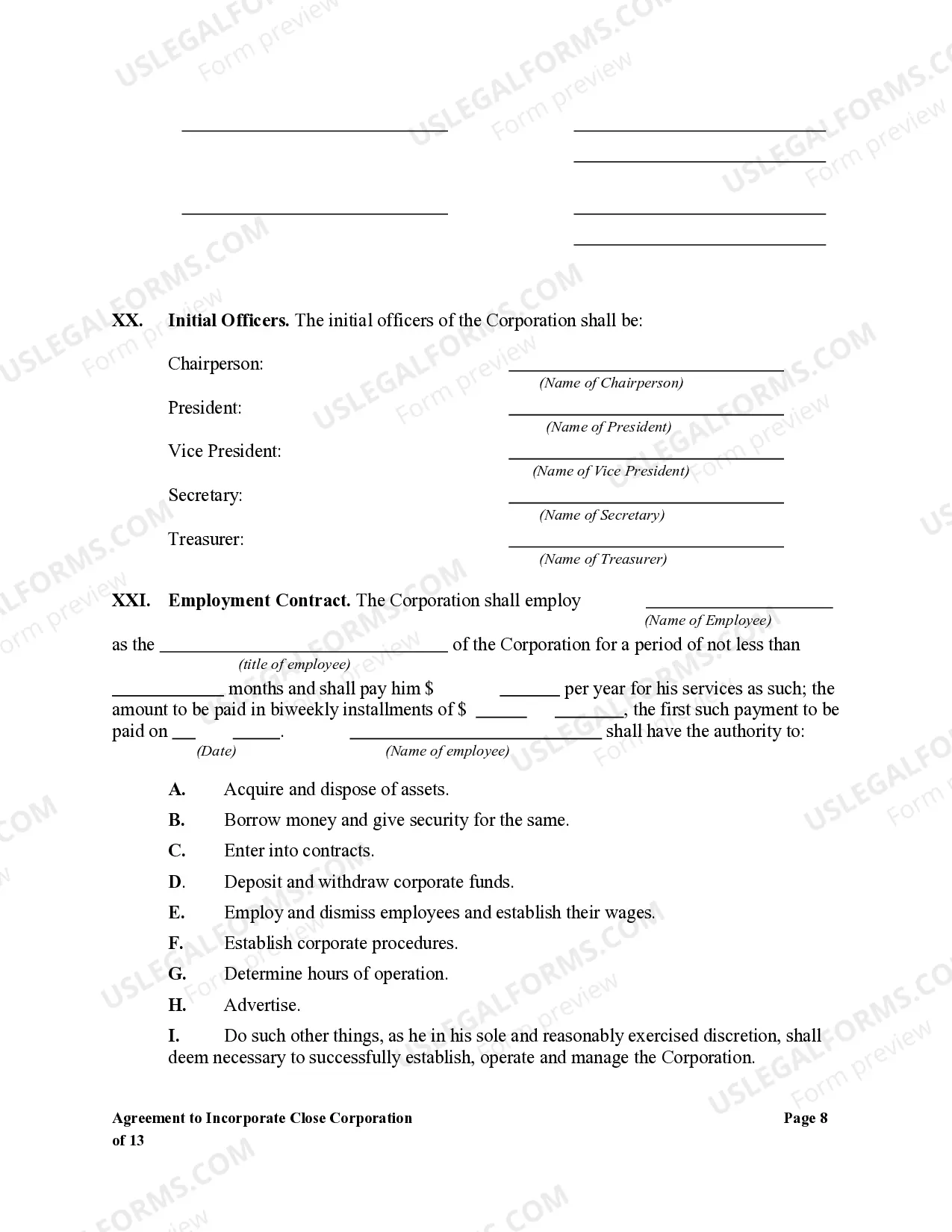 Preview Agreement to Incorporate Close Corporation