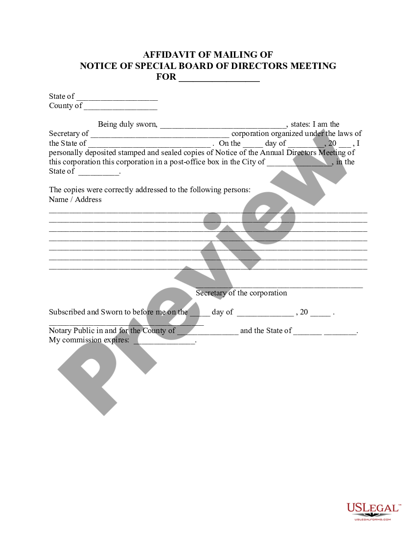 Wisconsin Affidavit Of Mailing Of Notice Of Special Board Of Directors Meeting Board Directors 2986