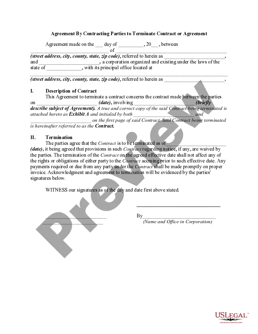 Get Agreement By Contracting Parties to Terminate Contract or Agreement Preview Agreement By Contracting Parties to Terminate Contract or Agreement