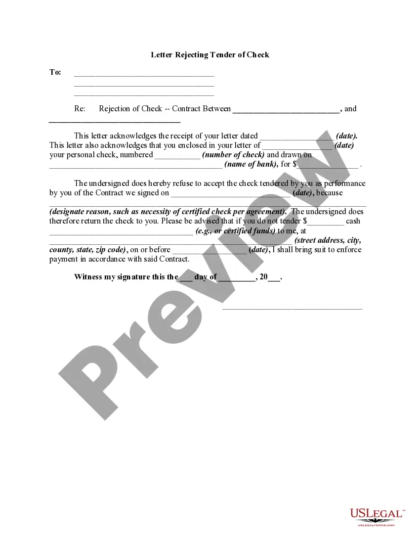 Get Letter Rejecting Tender of Check Preview Letter Rejecting Tender of Check