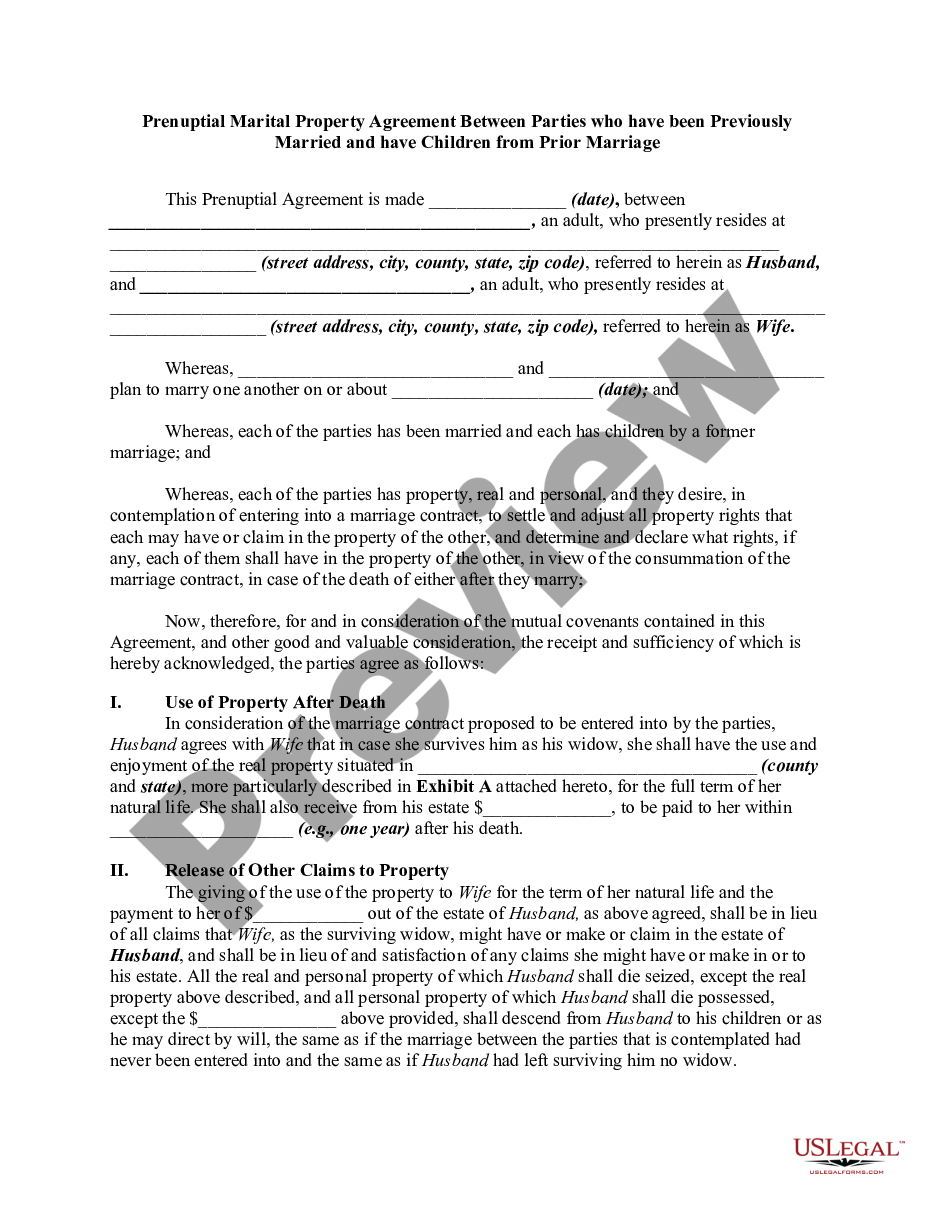 page 0 Prenuptial Marital Property Agreement Between Parties who have been Previously Married and have Children from Prior Marriage preview
