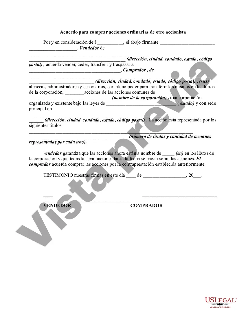 Preview Acuerdo para comprar acciones ordinarias de otro accionista