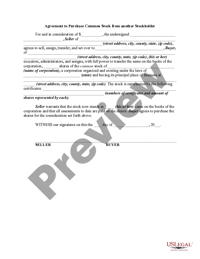 Get Agreement to Purchase Common Stock from another Stockholder Preview Agreement to Purchase Common Stock from another Stockholder