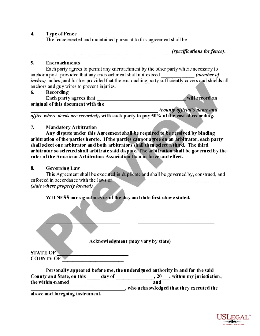 Get Agreement Between Adjoining Landowners to Maintain Fence Partitioning Agriculture Property Preview Agreement Between Adjoining Landowners to Maintain Fence Partitioning Agriculture Property