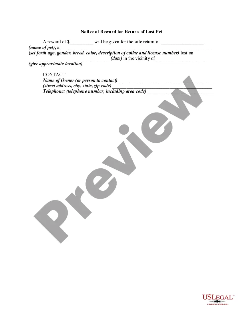 Get Notice of Reward for Return of Lost Pet Preview Notice of Reward for Return of Lost Pet