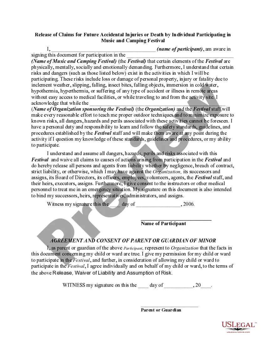 Get Release of Claims for Future Accidental Injuries or Death by Individual Participating in Music and Camping Festival Preview Release of Claims for Future Accidental Injuries or Death by Individual Participating in Music and Camping Festival
