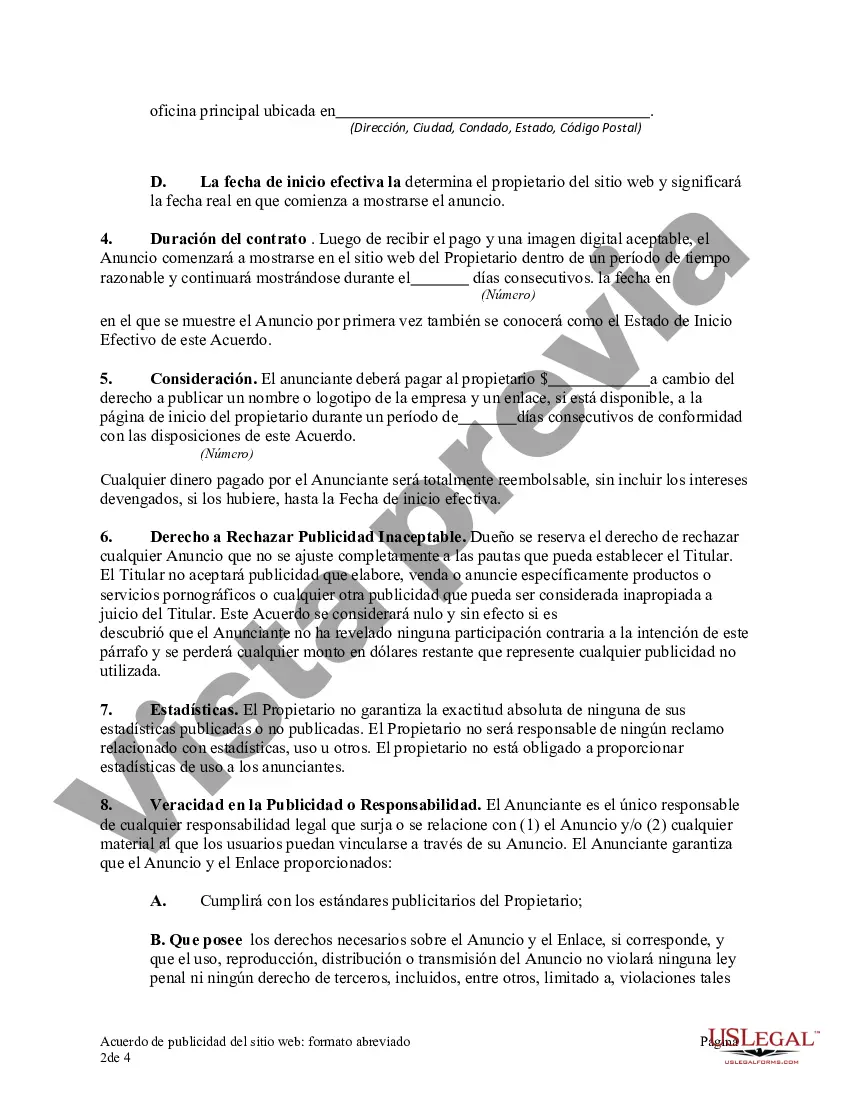 Preview Acuerdo de publicidad del sitio web: formato abreviado