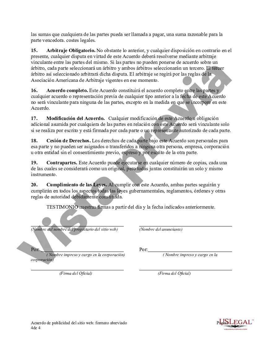 Preview Acuerdo de publicidad del sitio web: formato abreviado