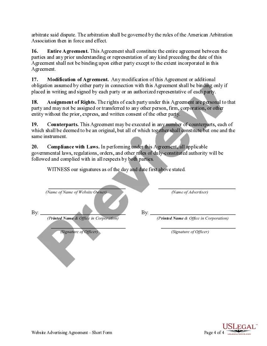 Get Website Advertising Agreement - Short Form Preview Website Advertising Agreement - Short Form