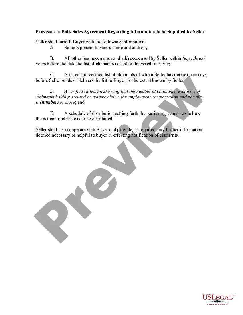 Get Provision in Bulk Sales Agreement Regarding Information to be Supplied by Seller Preview Provision in Bulk Sales Agreement Regarding Information to be Supplied by Seller