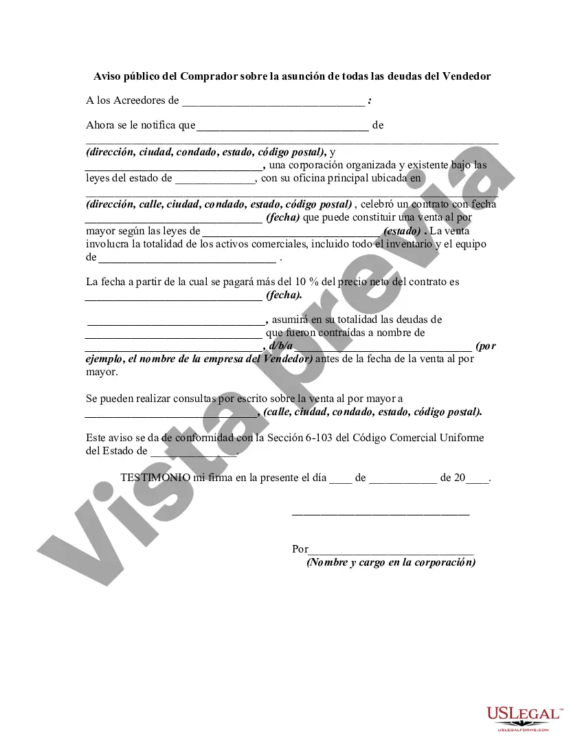 Preview Aviso público del Comprador sobre la asunción de todas las deudas del Vendedor
