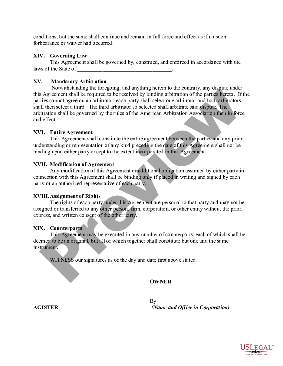 Colorado General Form of Agistment Agreement or Contract - Agistment ...