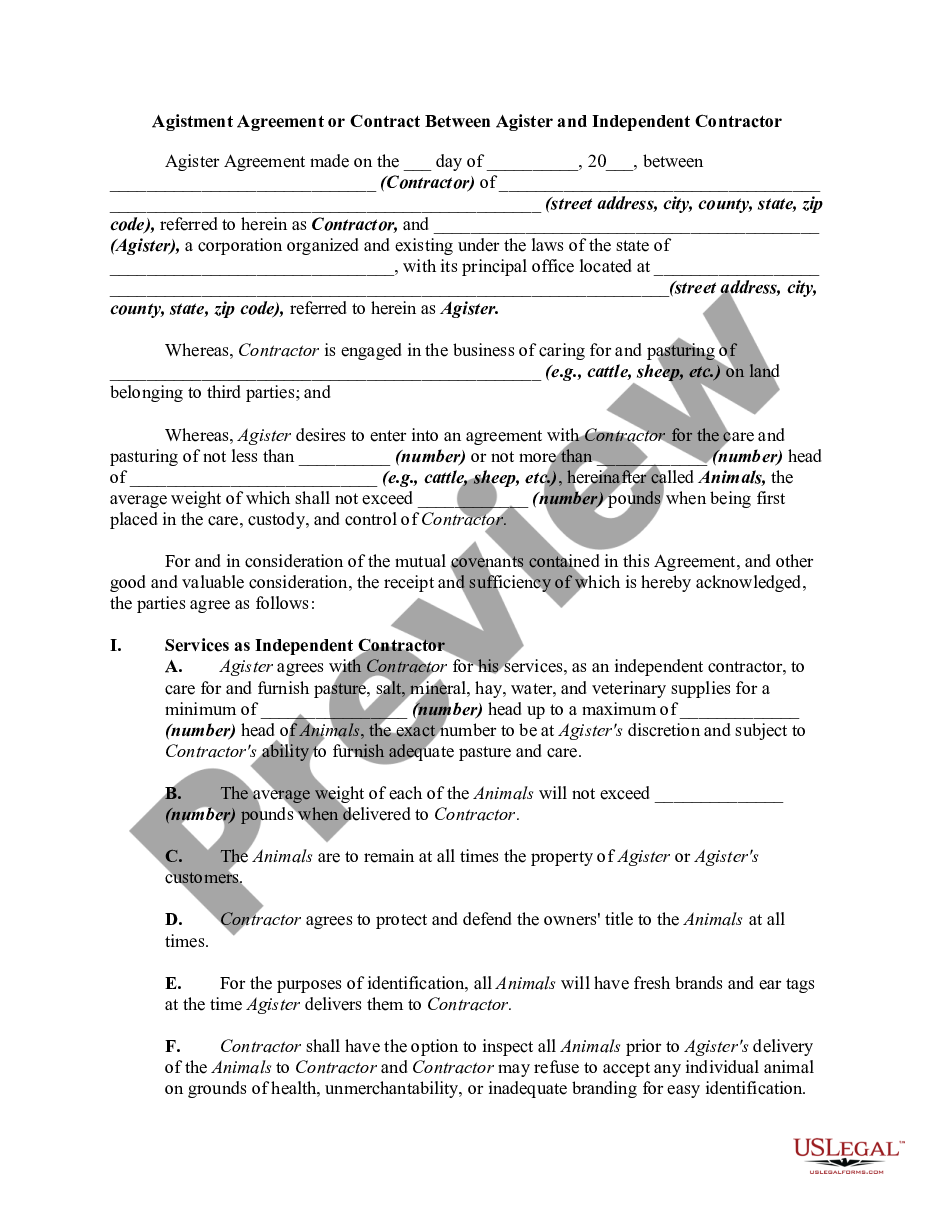 page 0 Agistment Agreement or Contract Between Agister and Self-Employed Independent Contractor preview