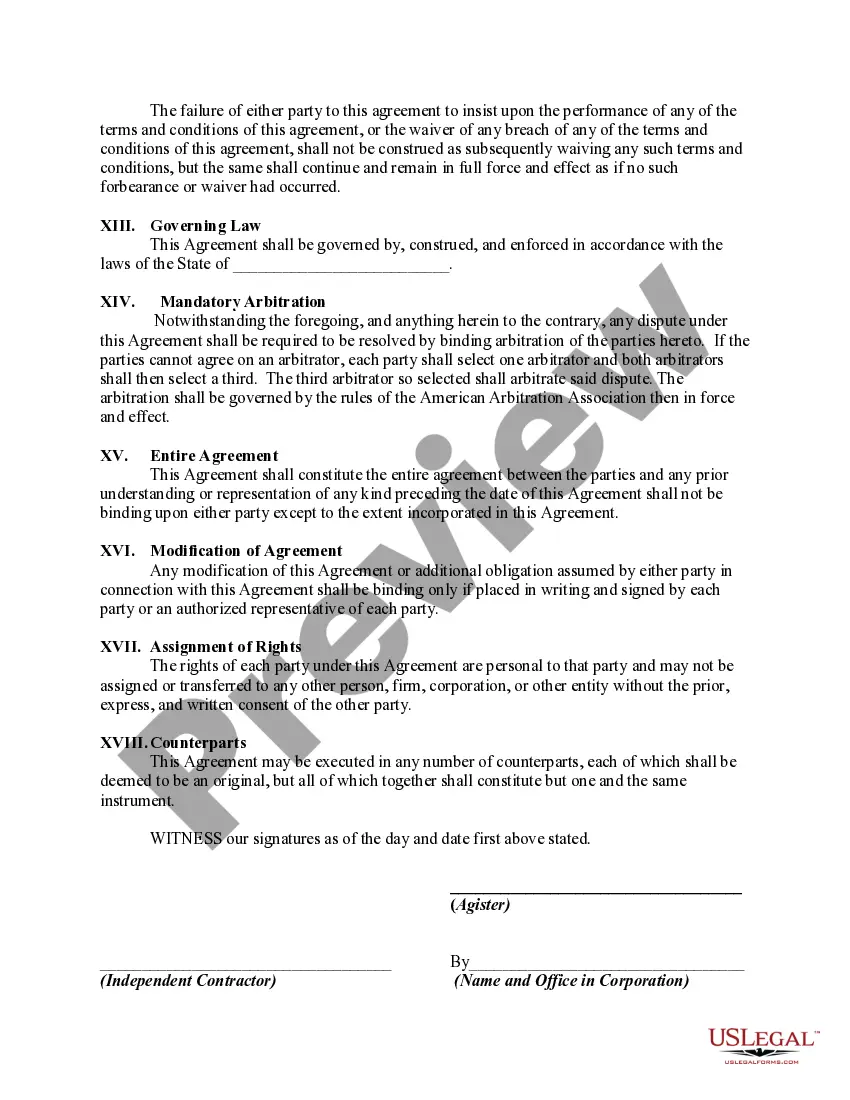 Get Agistment Agreement or Contract Between Agister and Self-Employed Independent Contractor Preview Agistment Agreement or Contract Between Agister and Self-Employed Independent Contractor