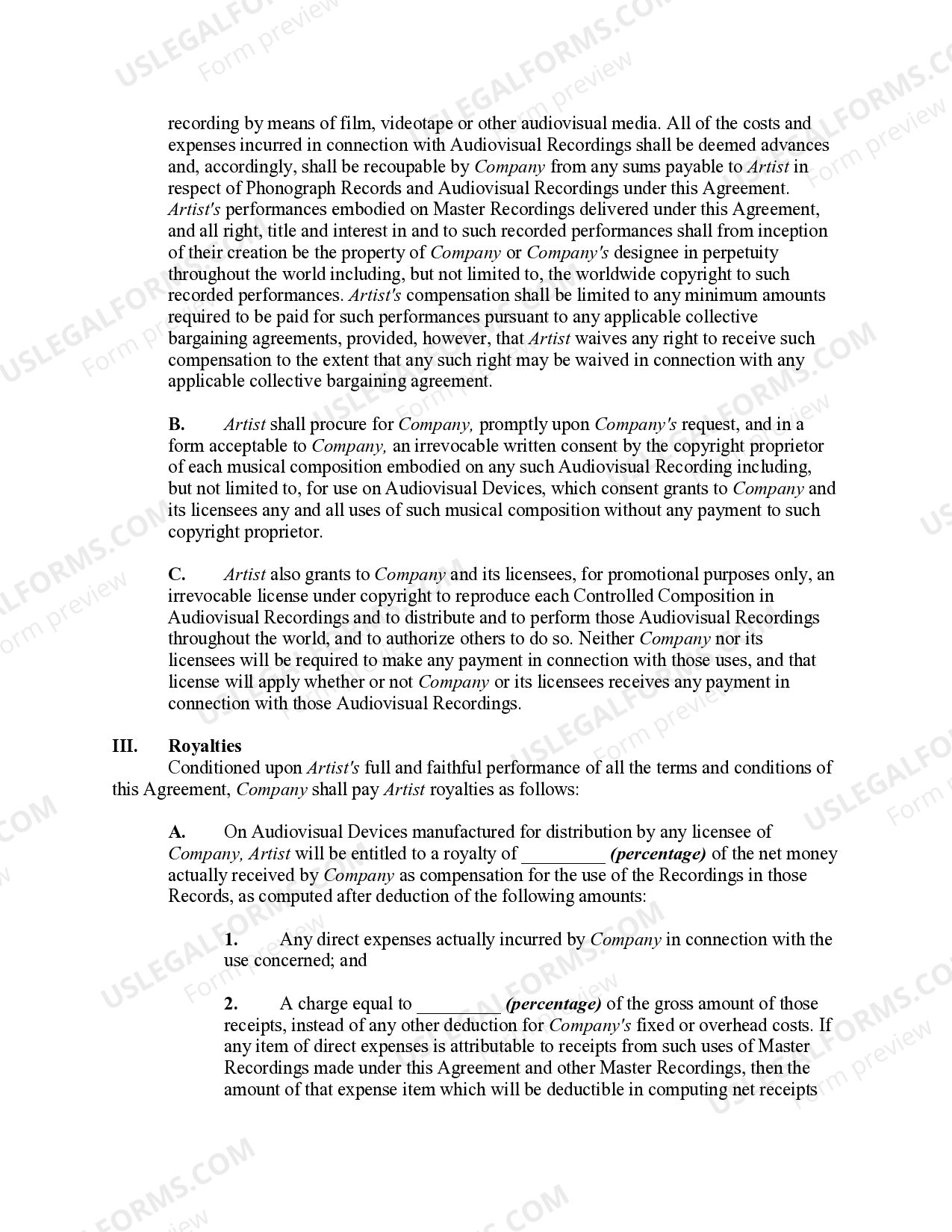 Agreement or Contract with Music Recording Artist Regarding Audiovisual