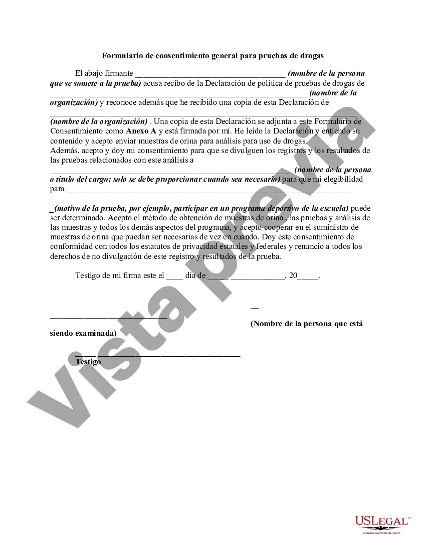 Get Formulario de consentimiento general para pruebas de drogas Preview Formulario de consentimiento general para pruebas de drogas
