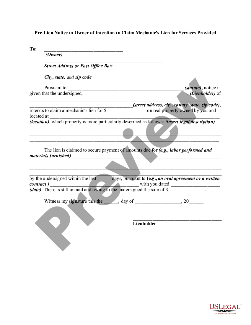 Pre - Notice Of Intent To File Lien | US Legal Forms