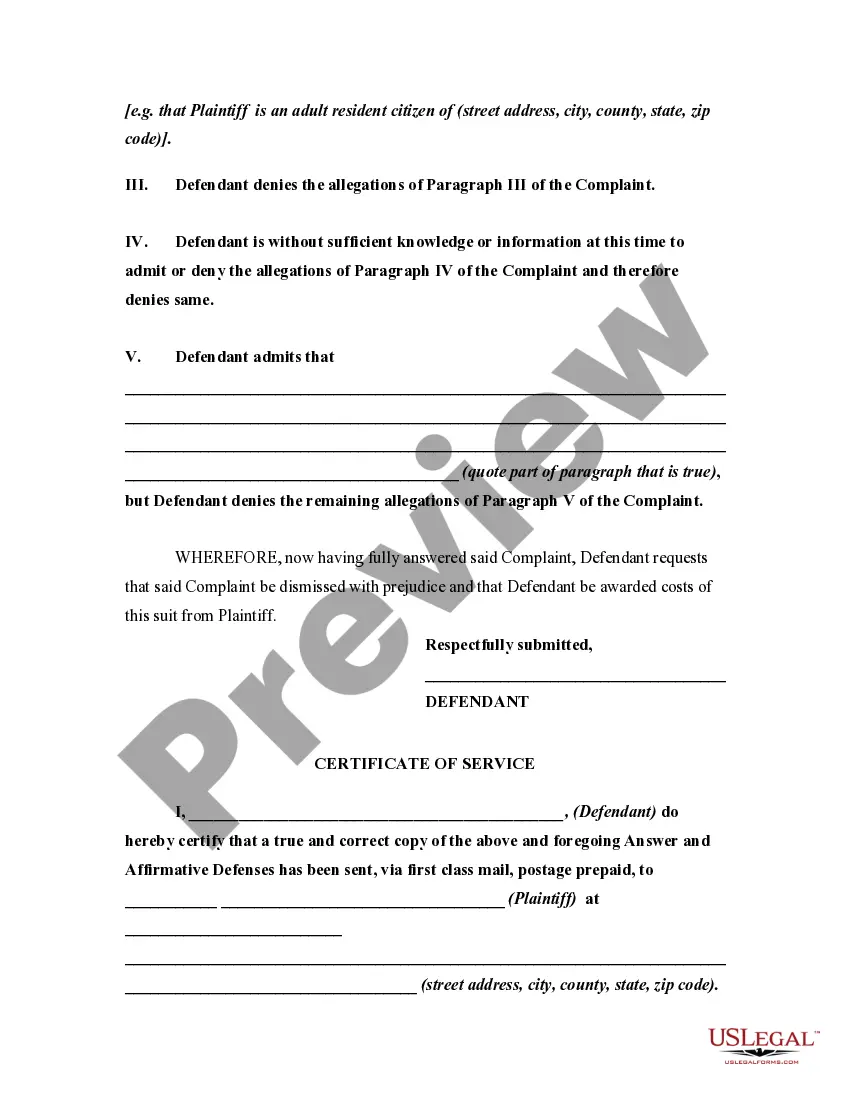 Get General Form of an Answer by Defendant in a Civil Lawsuit Admitting Part of the Allegations in a Paragraph of a Complaint but Denying that Part Which is not True Preview General Form of an Answer by Defendant in a Civil Lawsuit Admitting Part of the Allegations in a Paragraph of a Complaint but Denying that Part Which is not True