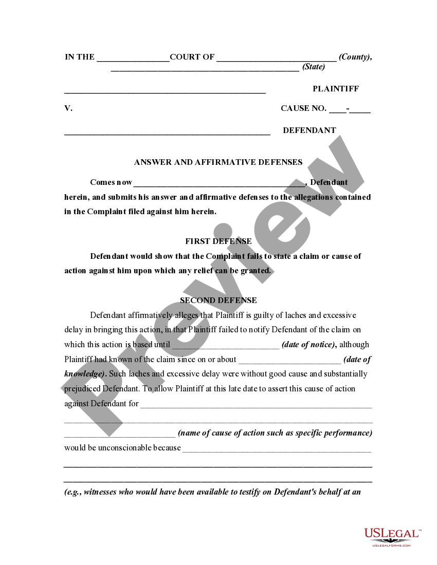 Answer by Defendant in a Civil Lawsuit Alleging the Affirmative Defense