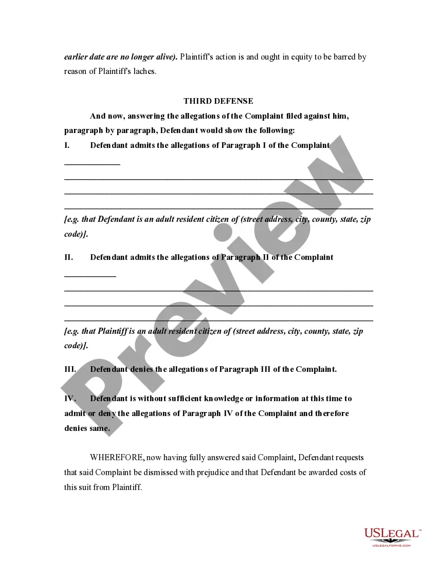 Get Answer by Defendant in a Civil Lawsuit Alleging the Affirmative Defense of the Cause of Action being Barred by Laches Preview Answer by Defendant in a Civil Lawsuit Alleging the Affirmative Defense of the Cause of Action being Barred by Laches