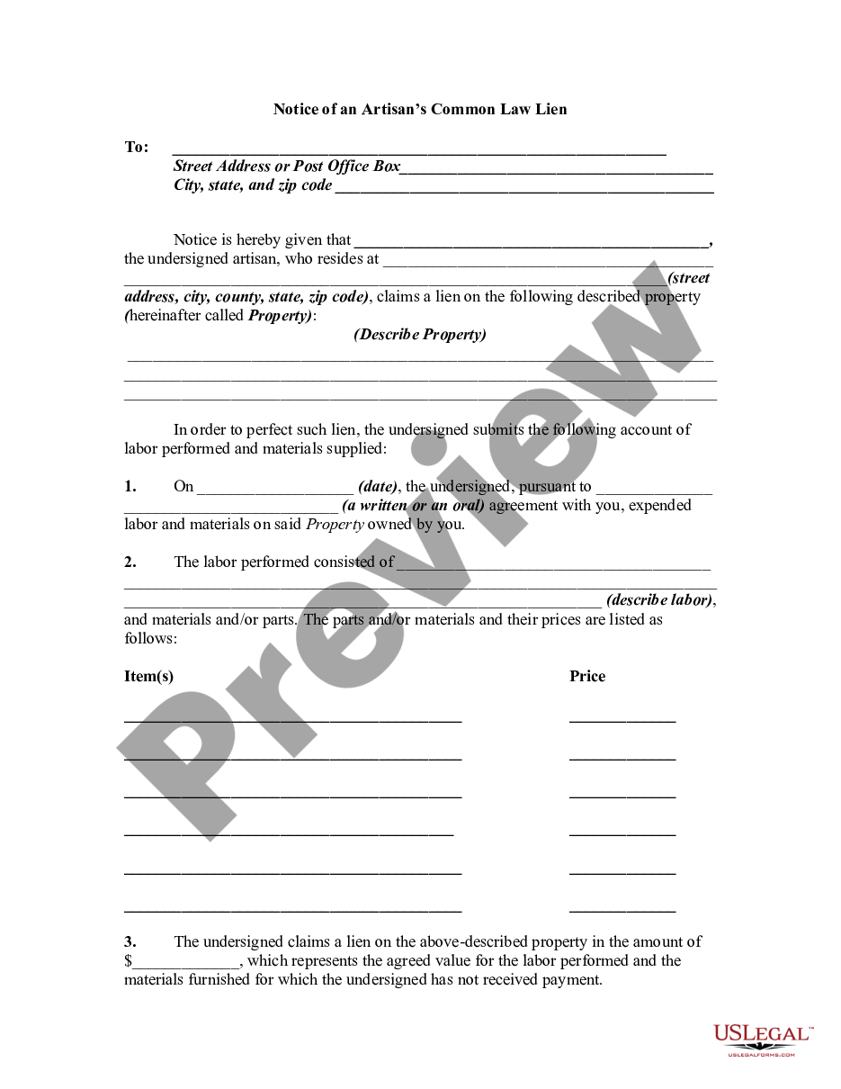 page 0 Notice of an Artisans Common Law Lien preview