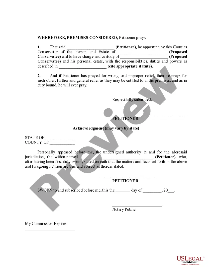 Preview Petition for Appointment of Conservator or Legal Guardian of Person and Estate of Adult who Physical or Mental Infirmity or Age, is Unable to Handle Affairs