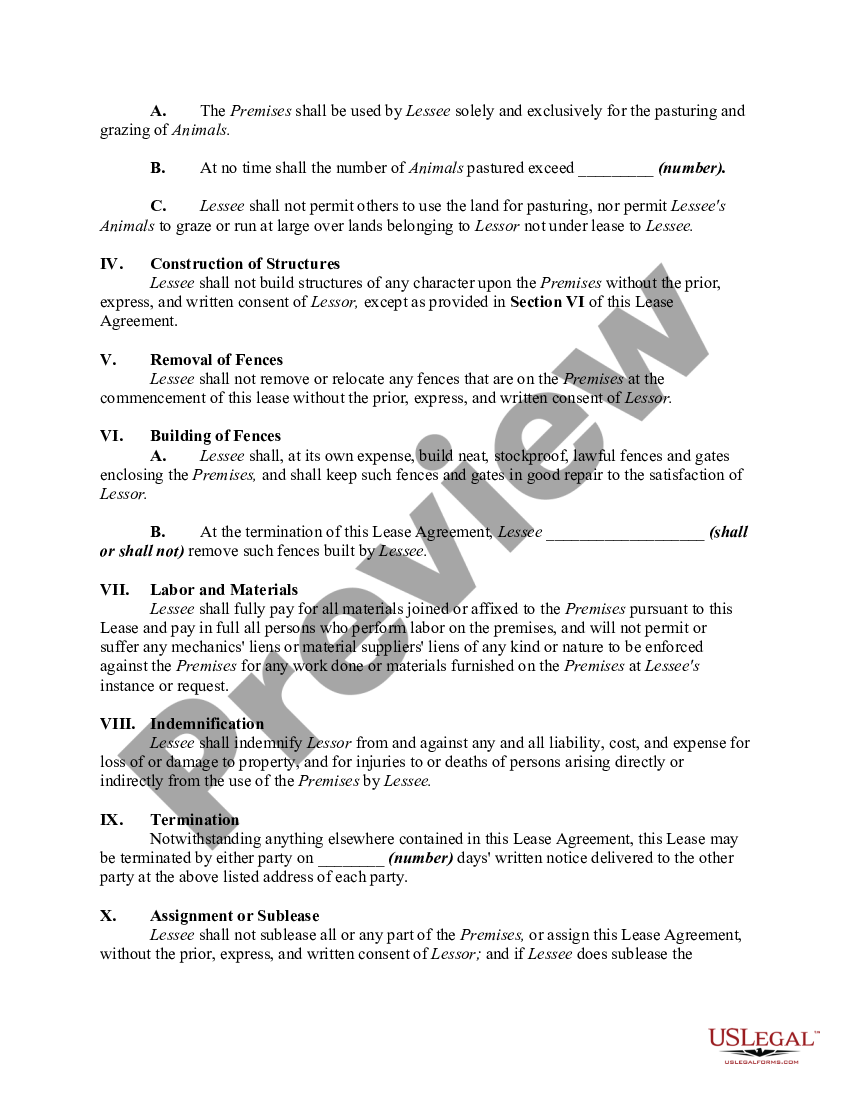 Lease of Land for Pasturing and Grazing of Cattle - Lease Land Form ...