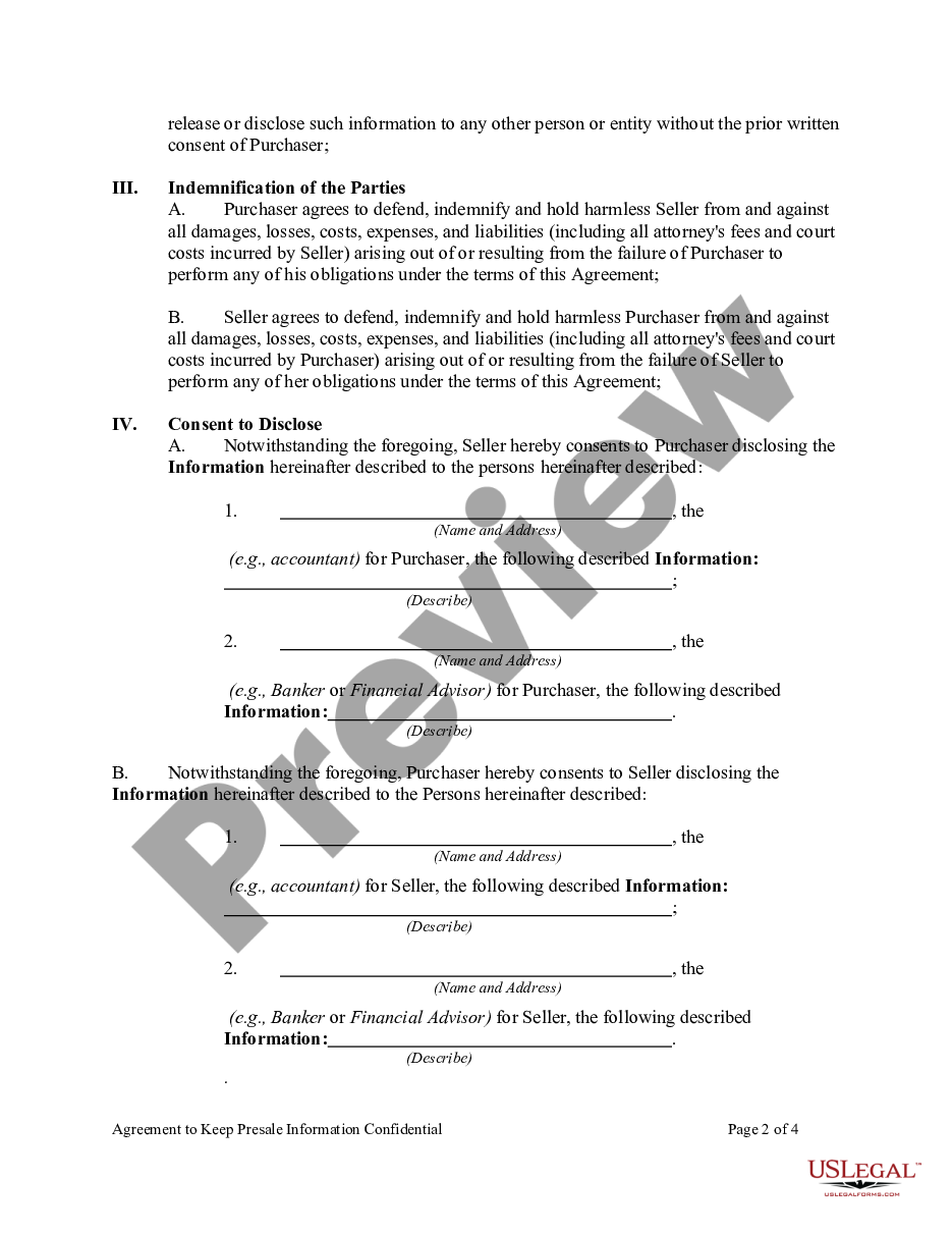 page 1 Agreement to Keep Presale Information Confidential preview