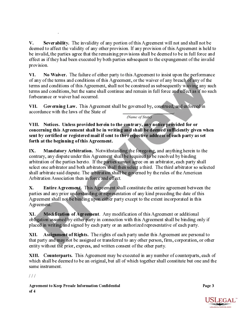 Preview Agreement to Keep Presale Information Confidential