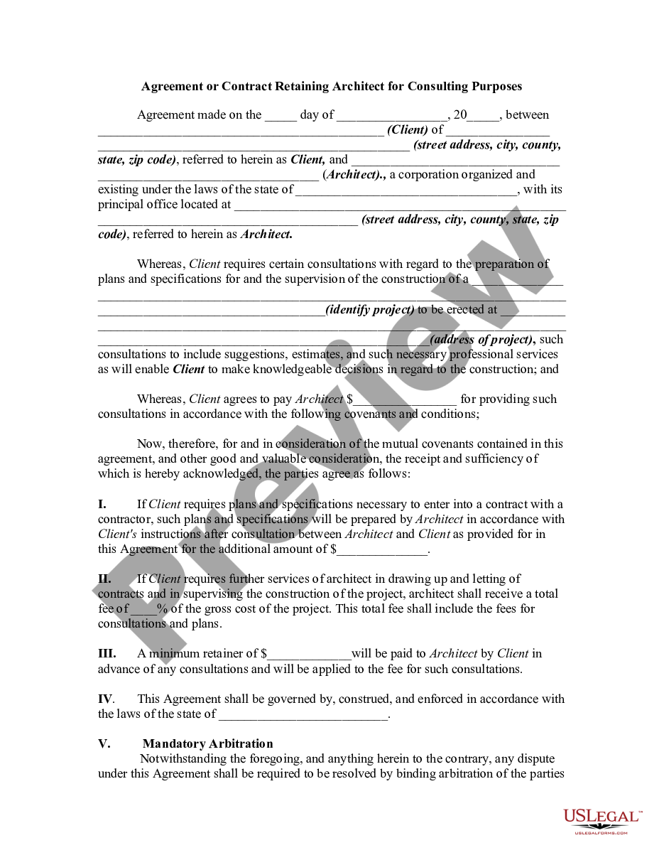 page 0 Agreement or Contract Retaining Architect for Consulting Purposes preview