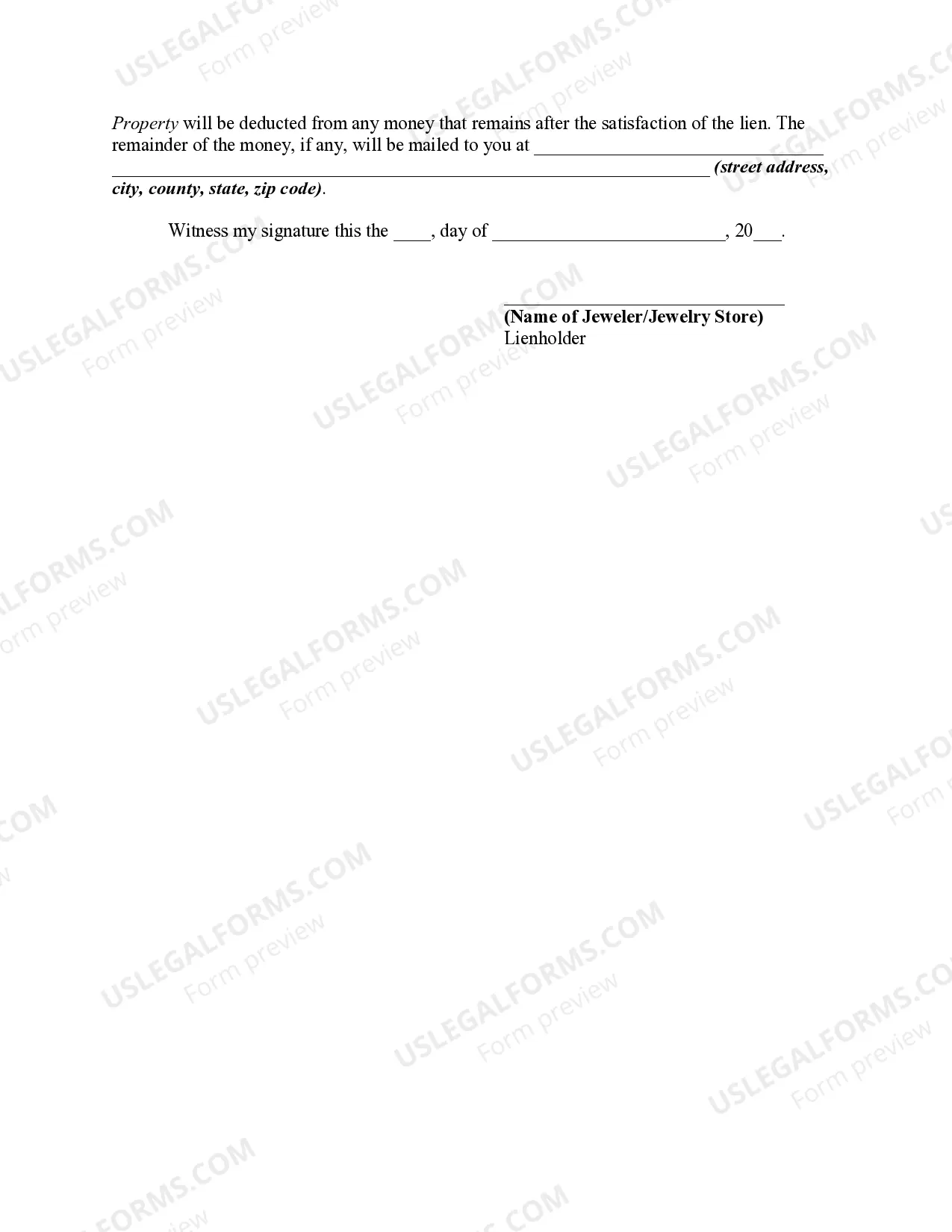 Preview Notice of Lien of Jeweler for Repairs and Public Sale