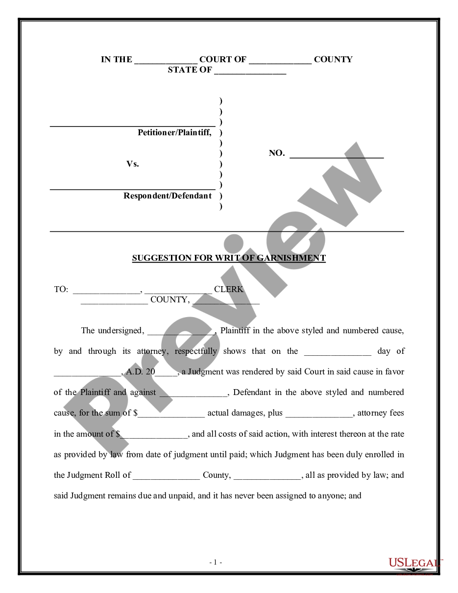 page 0 Suggestion for Writ of Garnishment preview