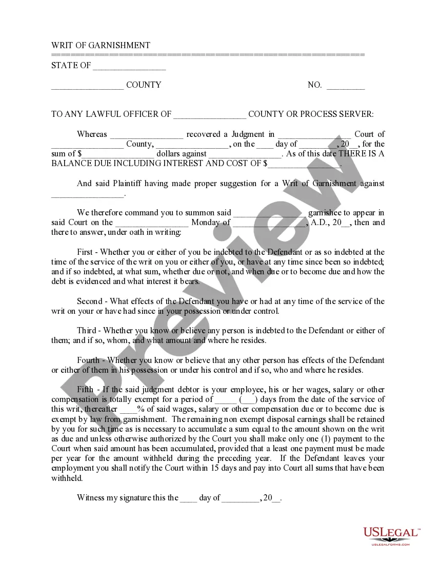 Get Suggestion for Writ of Garnishment Preview Suggestion for Writ of Garnishment