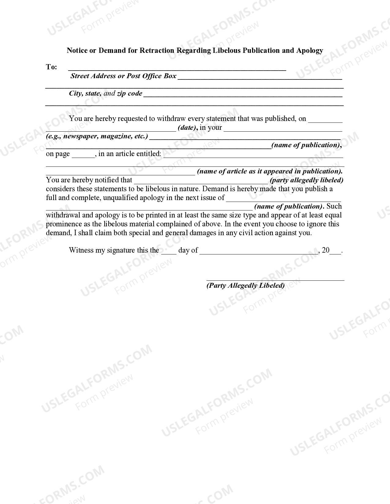 Notice or Demand for Retraction Regarding Libelous Publication and