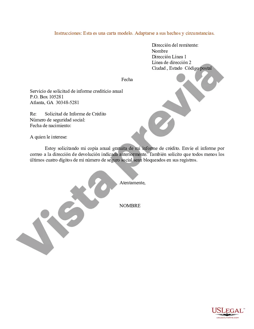 Preview Ejemplo de carta de solicitud de informe de crédito gratuito permitido por la ley federal