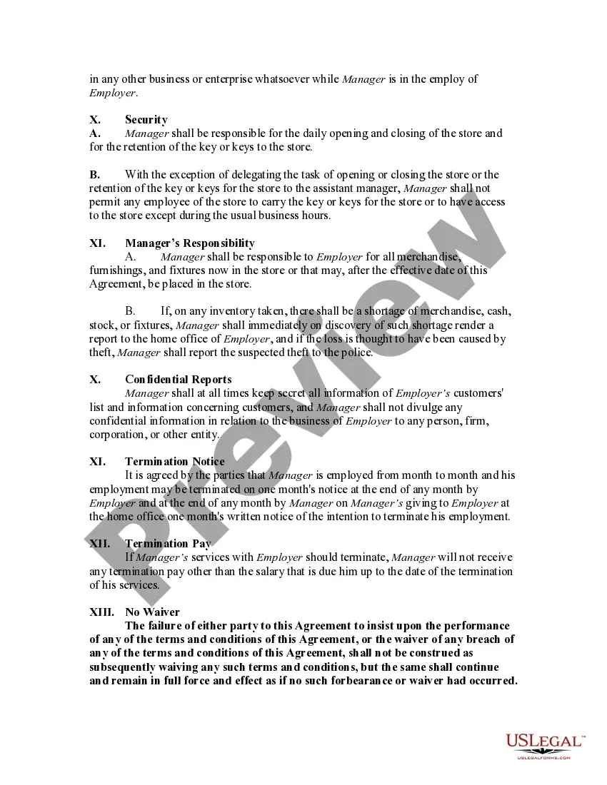 Preview Employment Agreement with a Manager of a Retail Store