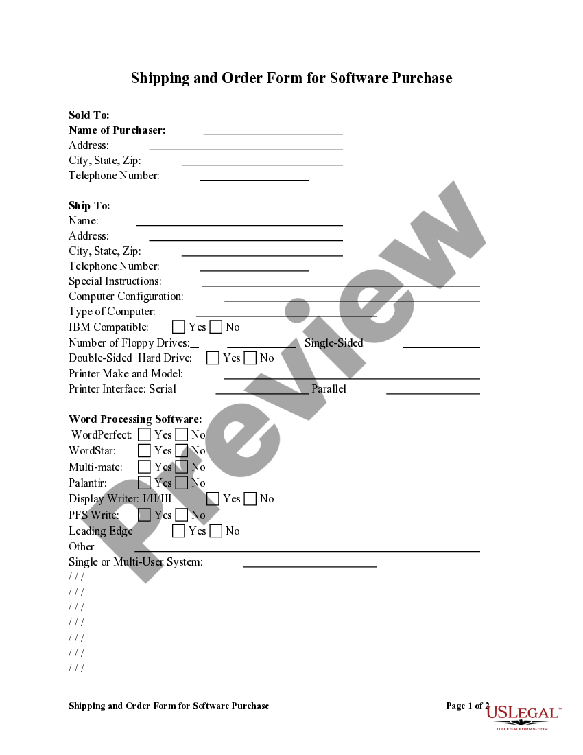 Washington Shipping and Order Form for Software Purchase Shipping